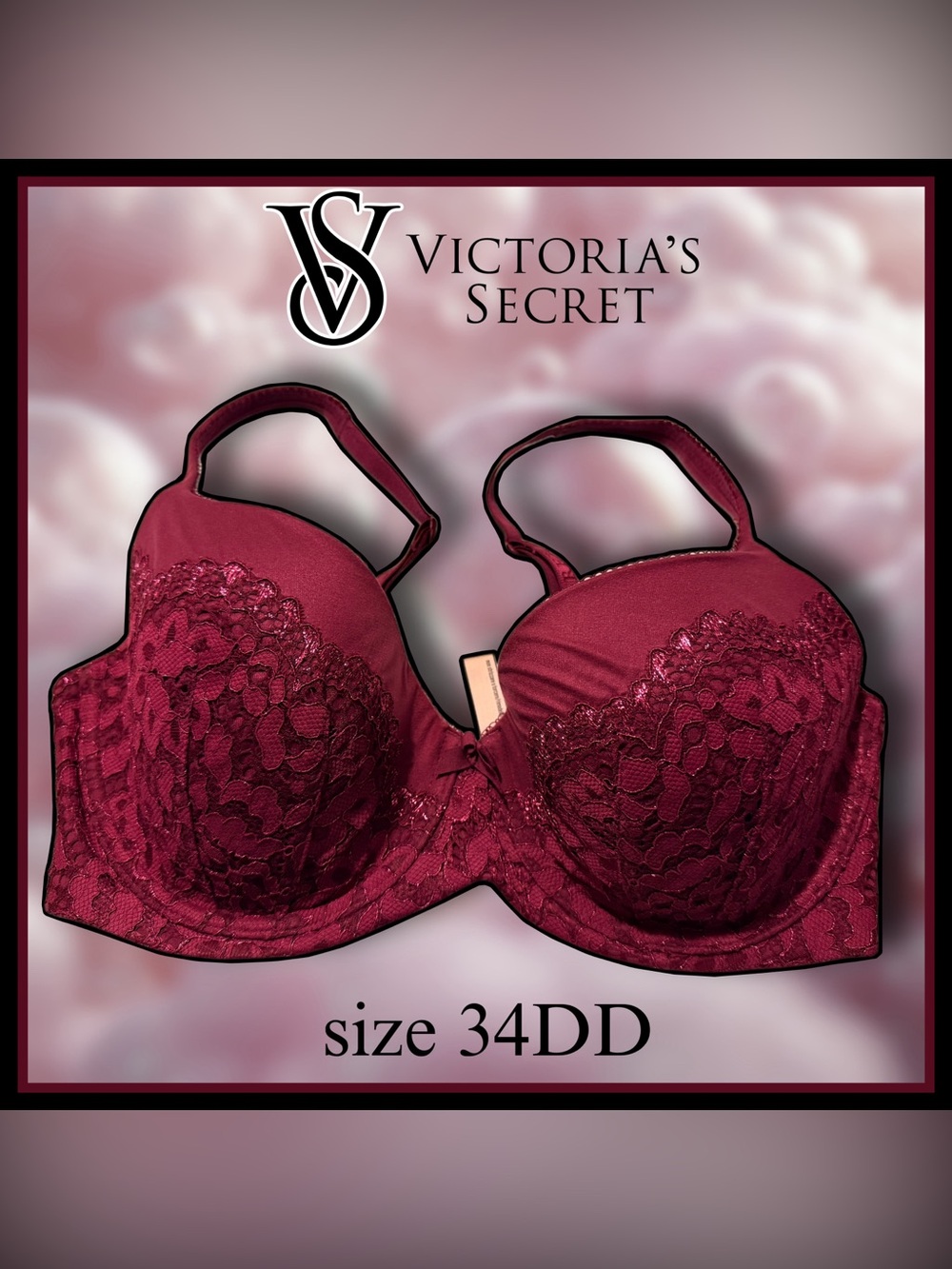 VICTORIAS SECRET burgundy lace underwire BRA size 34DD